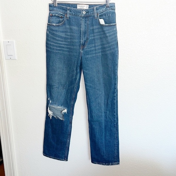 Abercrombie & Fitch Denim - Abercrombie & Fitch Ankle Straight Ultra High Rise Dark Wash Distressed Jeans